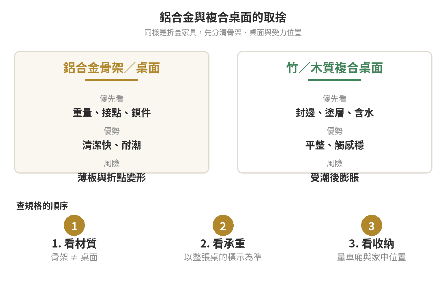 露營折疊桌椅怎麼選:鋁合金 vs 複合材質耐重比較 鋁合金與竹木質複合桌面的取捨示意圖